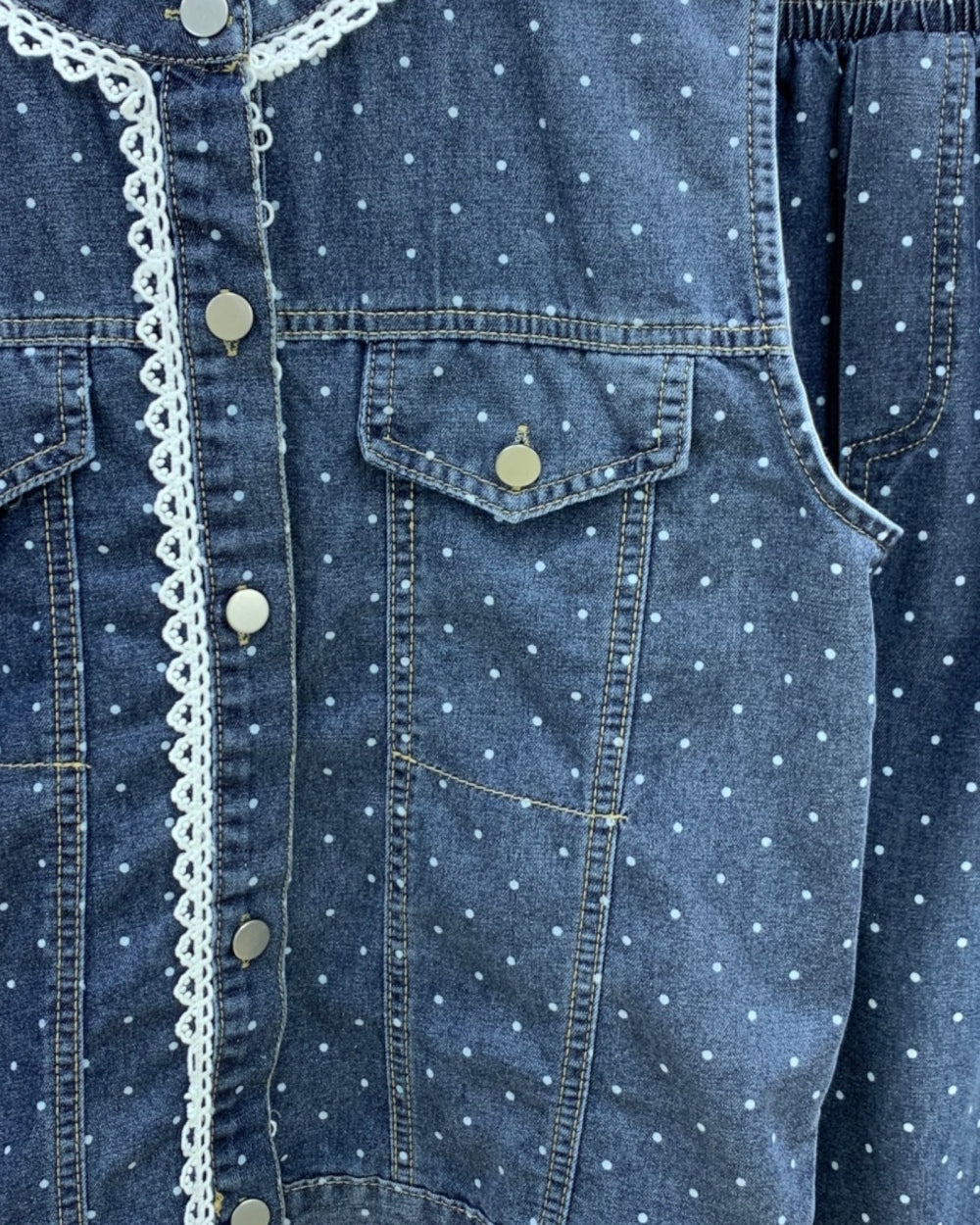 Polka Dot Lace Trim Denim Two-Piece Set - Zilvina
