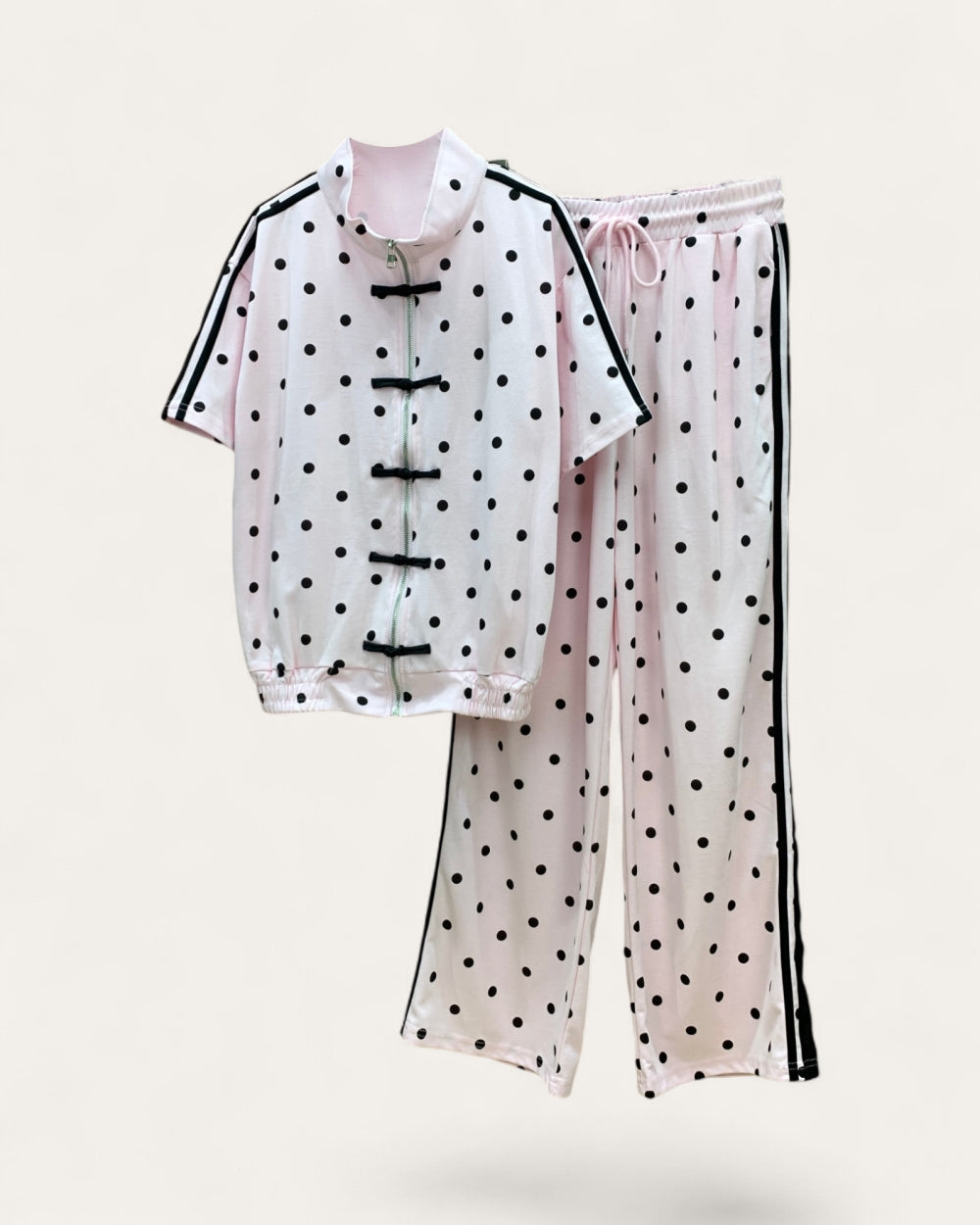 Polka Dot Mandarin Collar Set - Zilvina