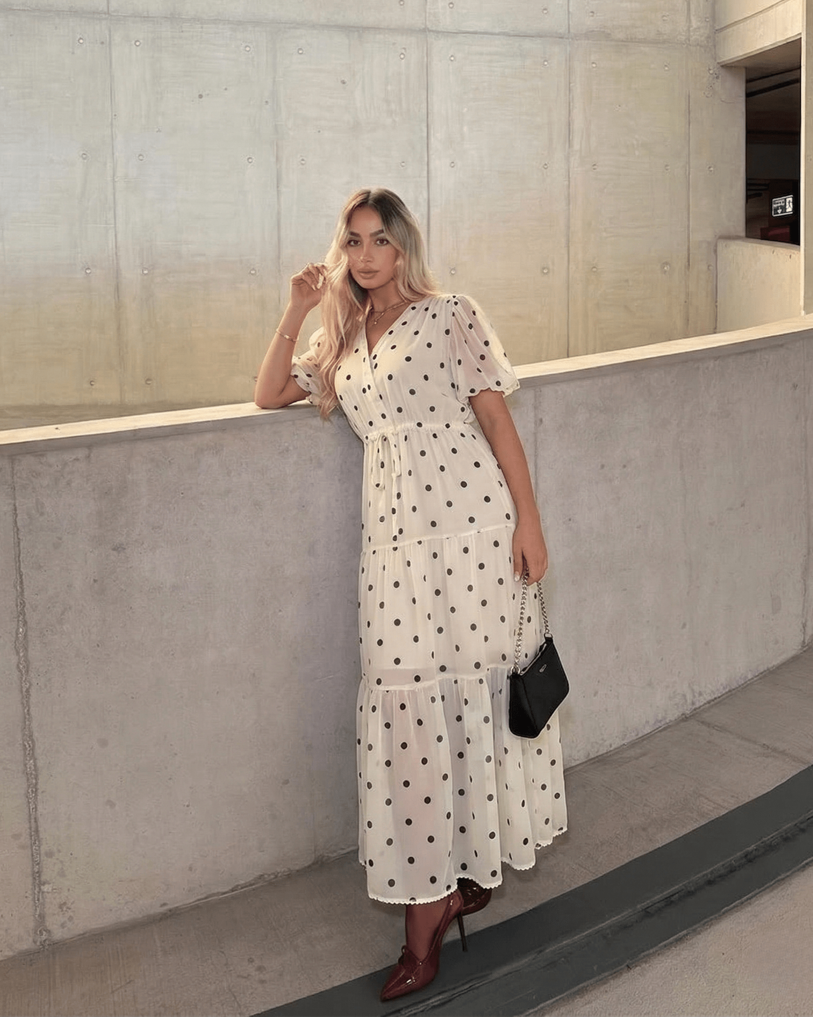 Polka Dot Tiered Midi Dress - Zilvina
