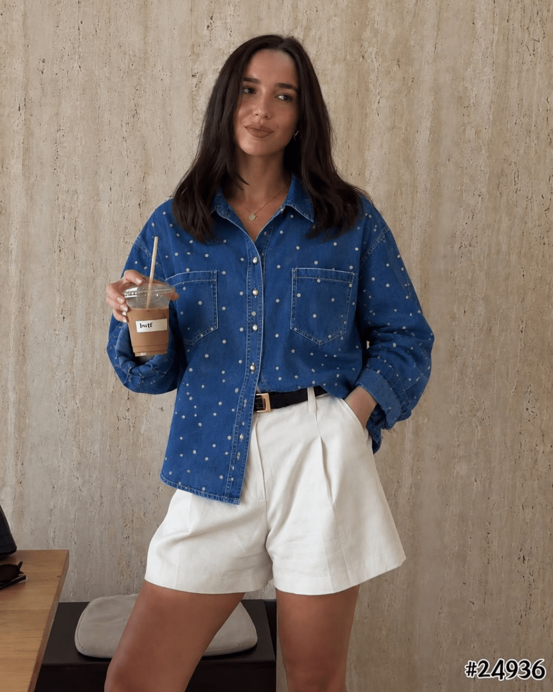 Polka Dot Washed Denim Shirt - Zilvina