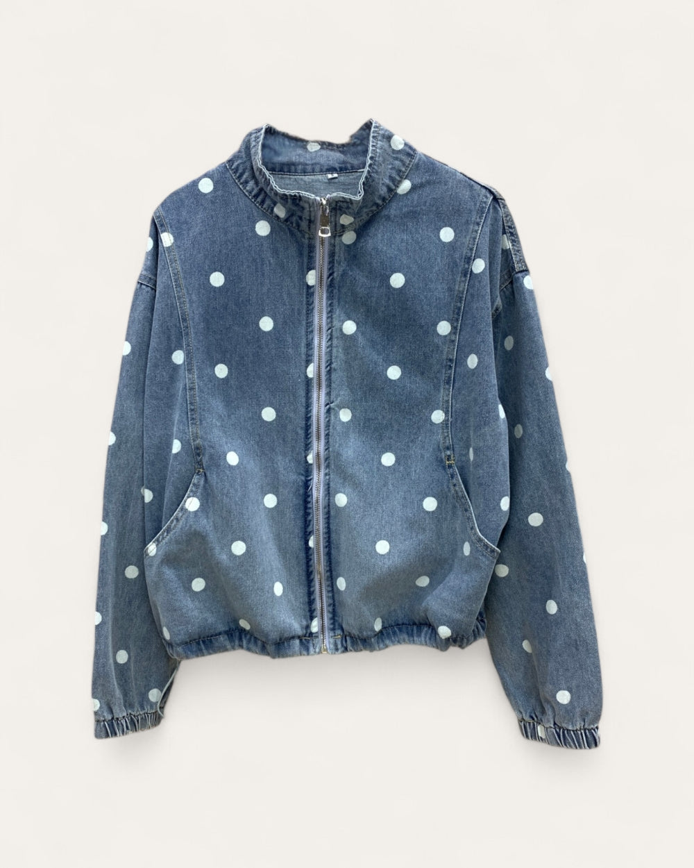 Polka Dot Zip-Up Denim Jacket - Zilvina
