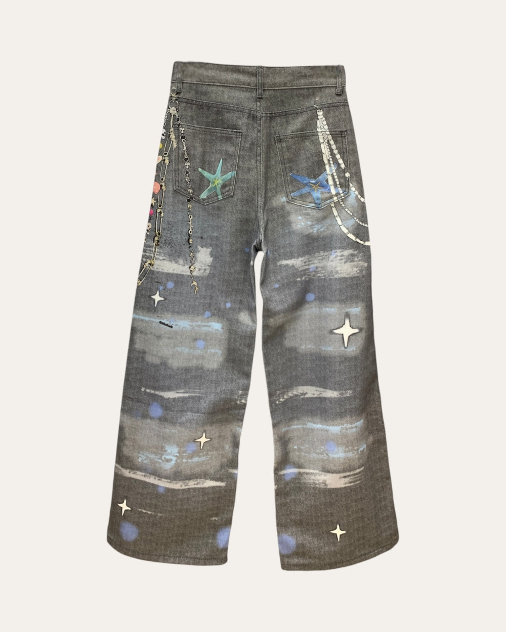 Printed Embellished Graphic Wide Leg Jeans - Zilvina