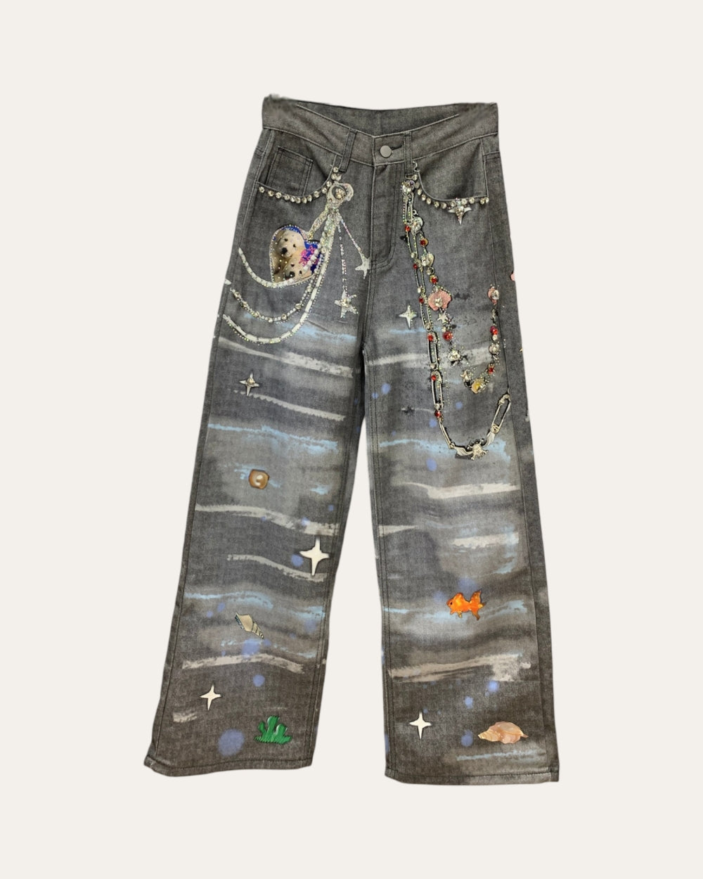 Printed Embellished Graphic Wide Leg Jeans - Zilvina