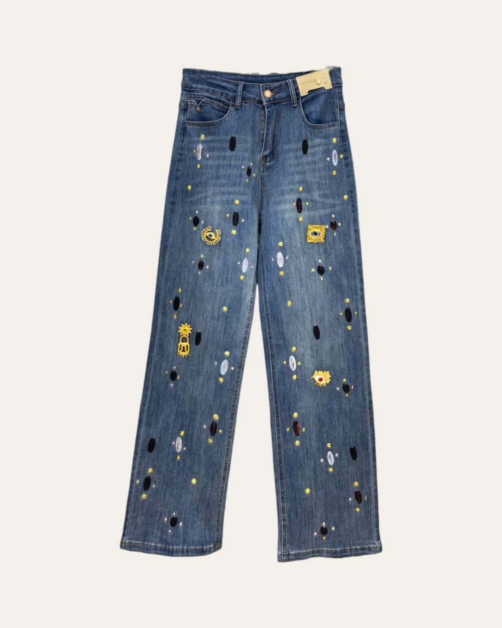 Printed Embellished Vintage Wash Straight Leg Jeans - Zilvina