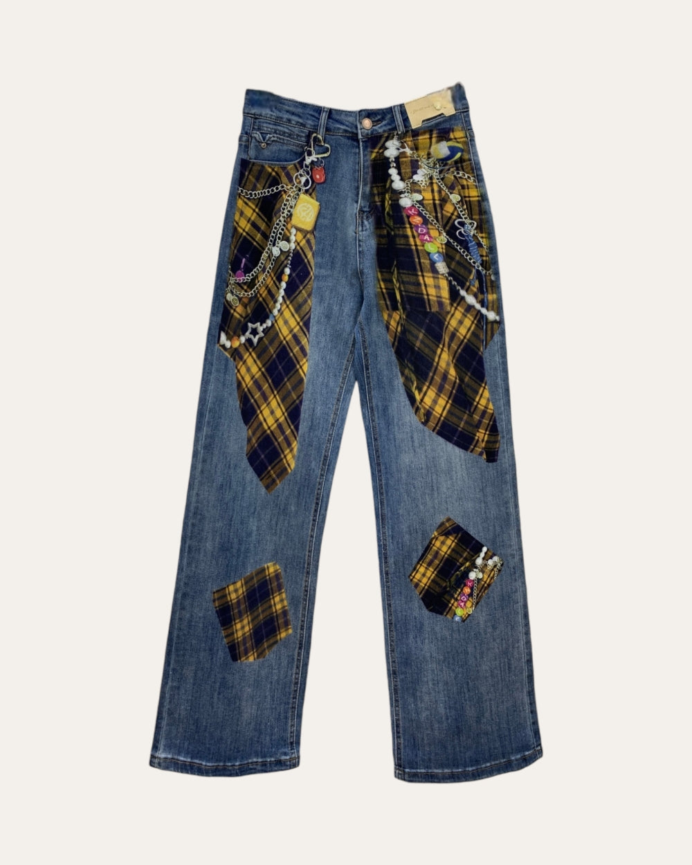 Printed Plaid Patch Chain Detail Straight Leg Jeans - Zilvina