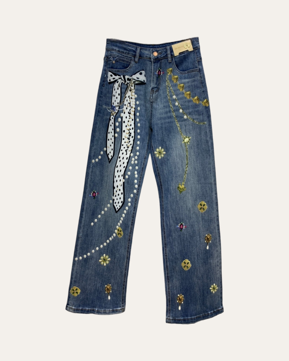 Printed Ribbon Tie Straight Leg Jeans - Zilvina