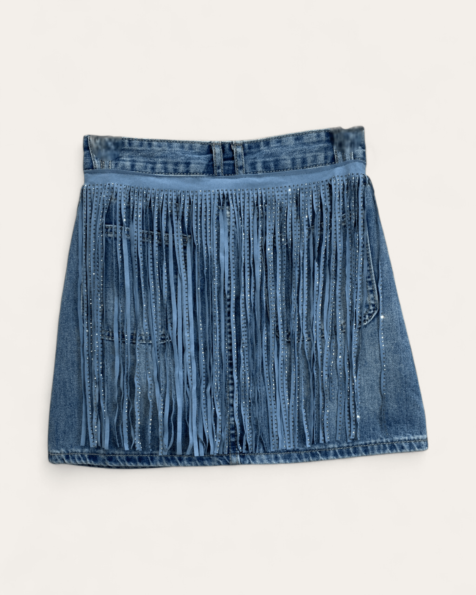 Rhinestone Fringe Denim Mini Skirt - Zilvina