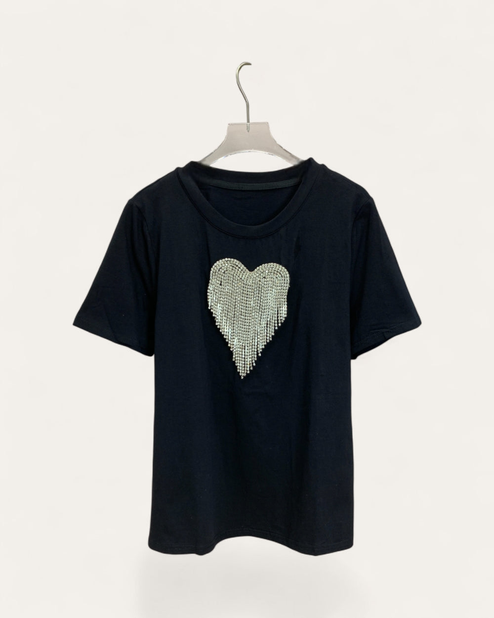 Rhinestone Heart Fringe Short Sleeve Tee - Zilvina