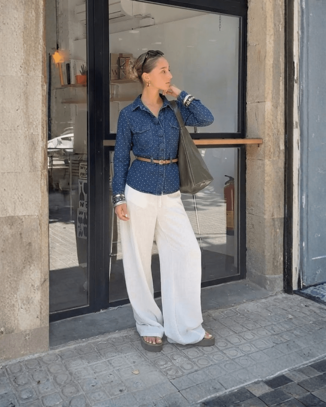 Rhinestone Polka Dot Denim Shirt - Zilvina