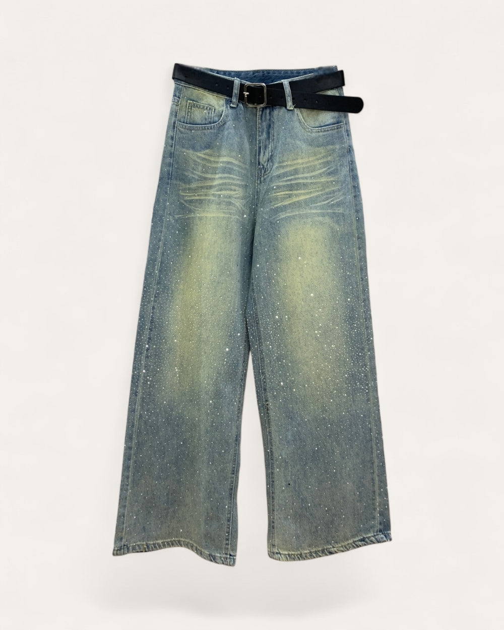 Rhinestone Wash Wide - Leg Denim Jeans - Zilvina