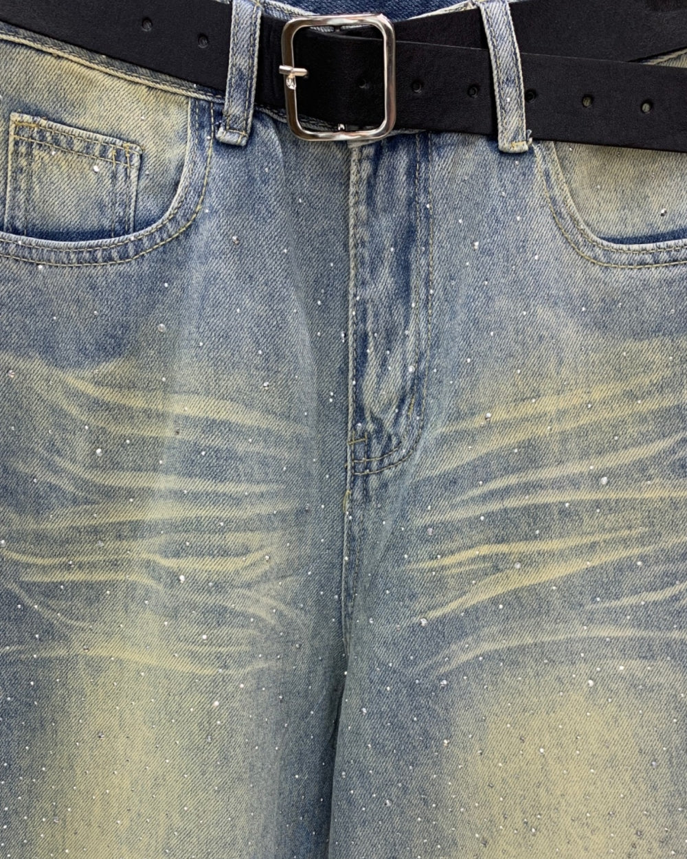 Rhinestone Wash Wide - Leg Denim Jeans - Zilvina