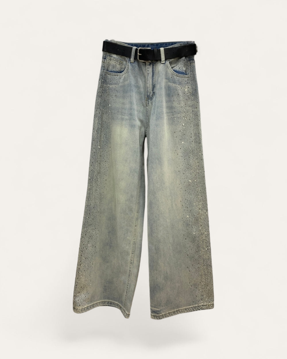 Rhinestone Wide - Leg Denim Pants - Zilvina