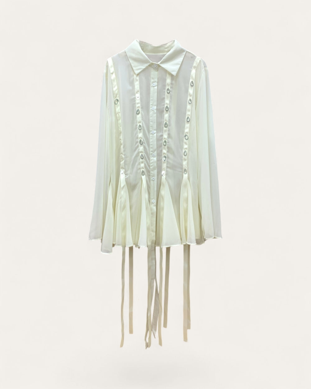 Ribbon Trim Pleated Long Blouse - Zilvina