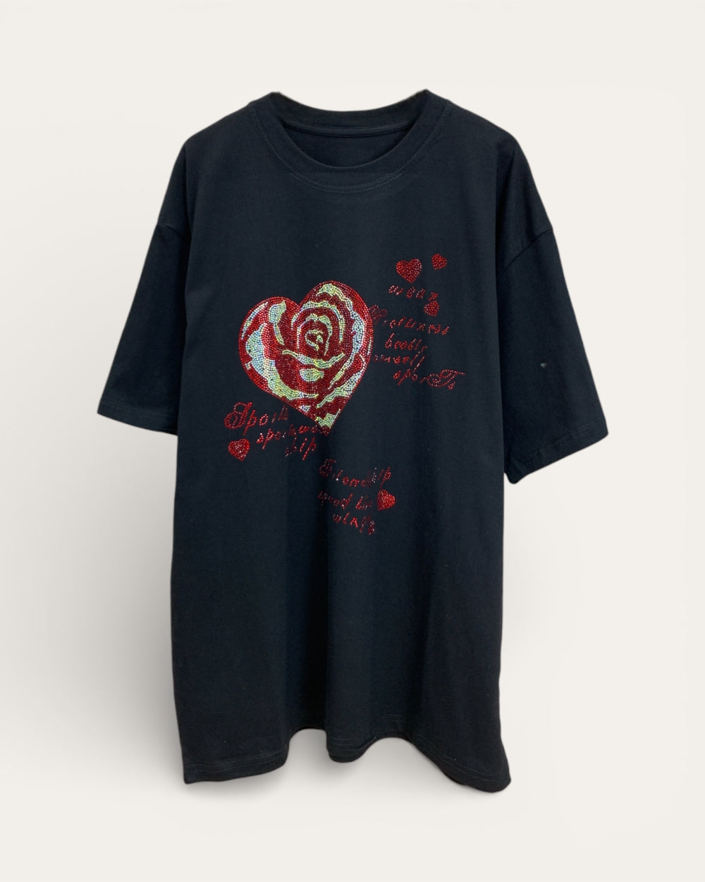 Rose Heart Rhinestone Short Sleeve Tee - Zilvina