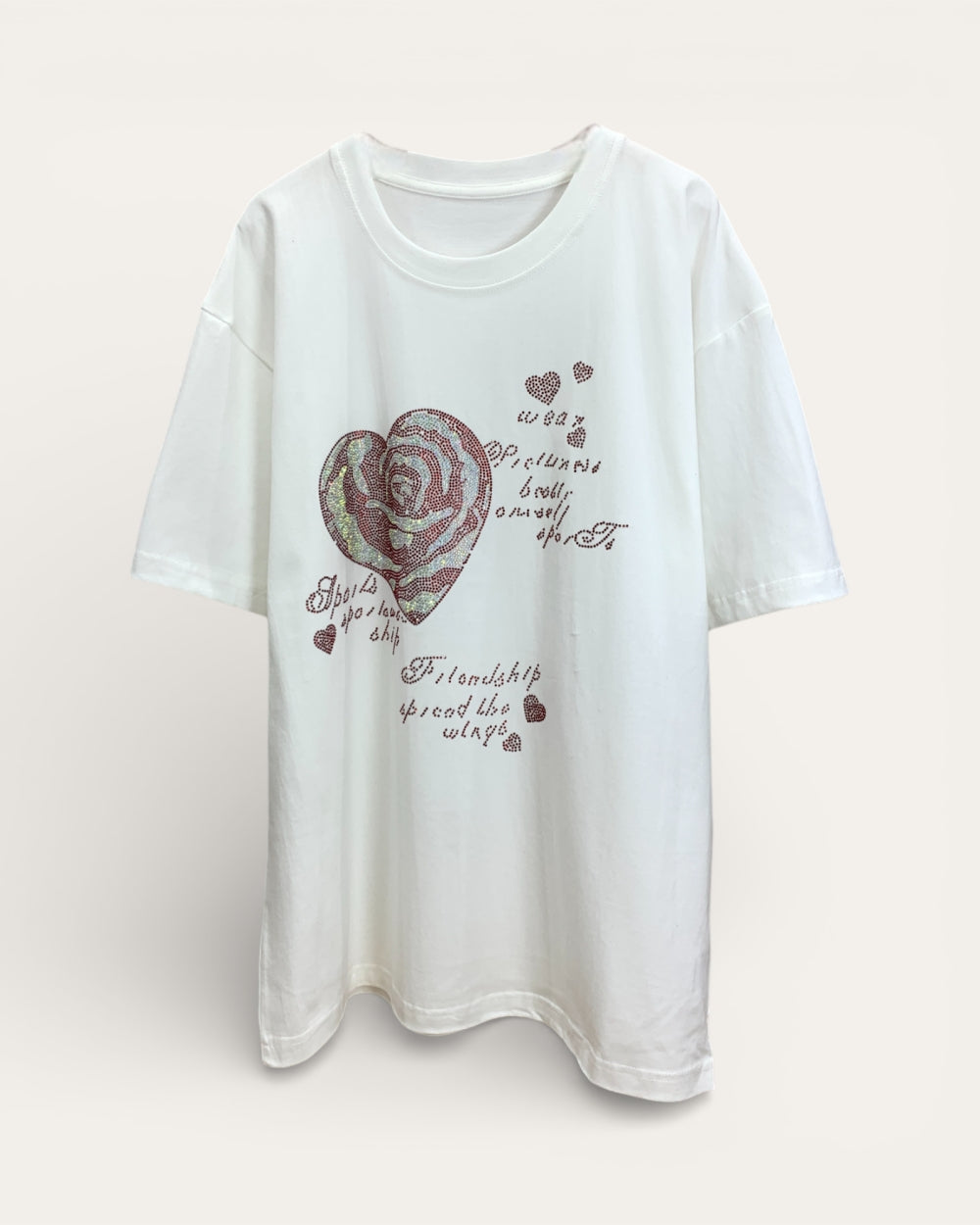 Rose Heart Rhinestone Short Sleeve Tee - Zilvina