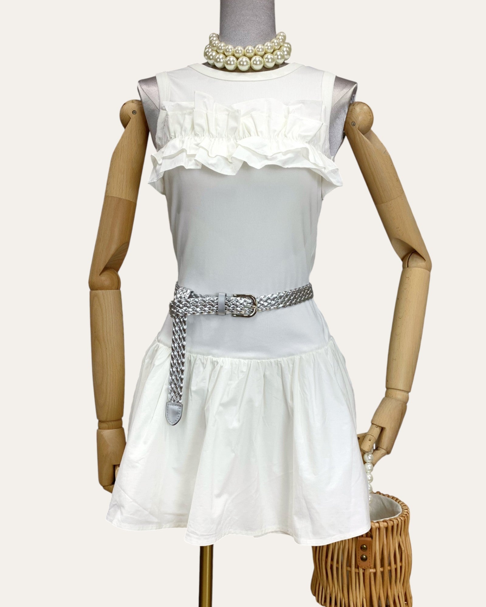 Ruffle Detail Sleeveless Mini Dress with Belt - Zilvina