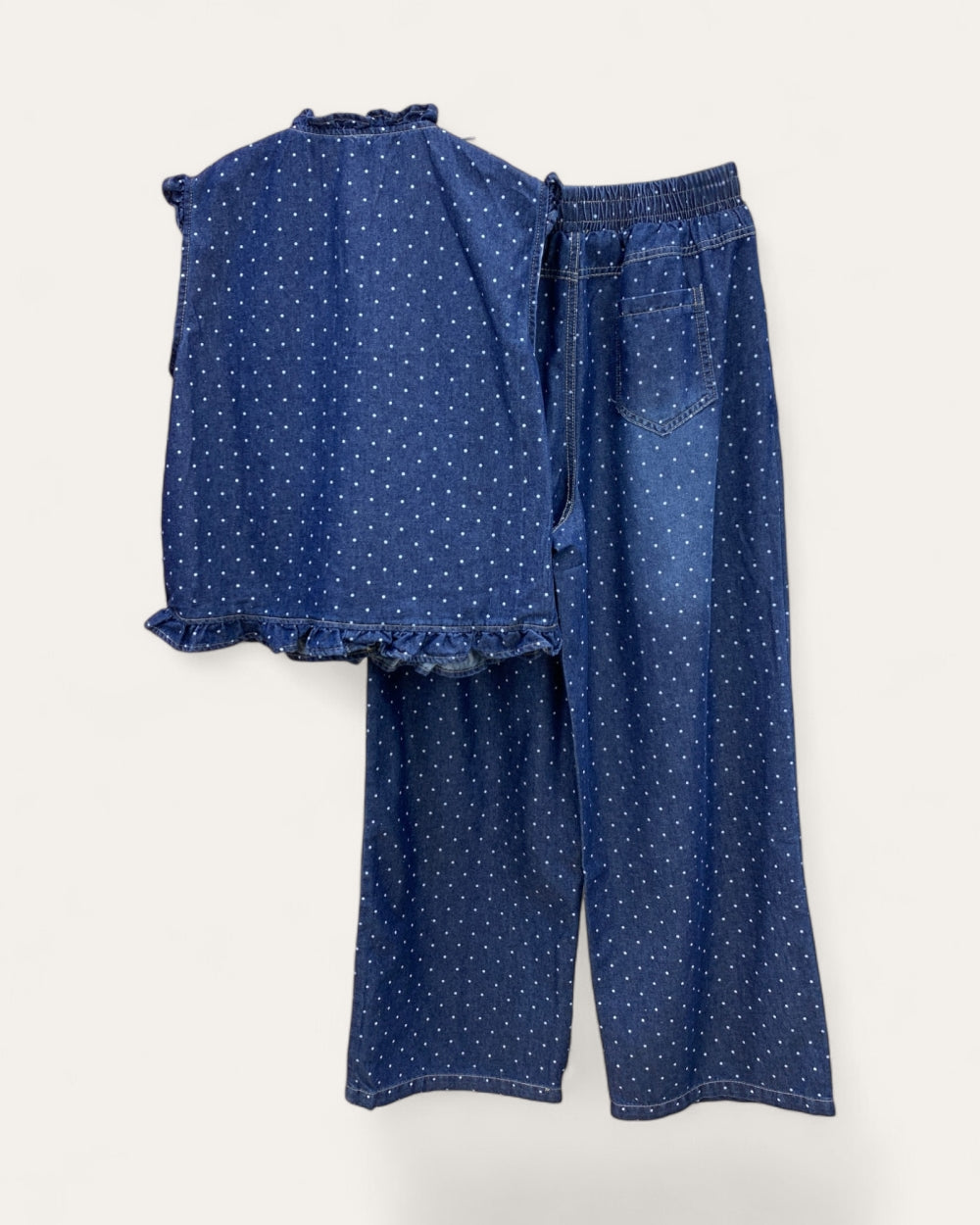 Ruffle Trim Polka Dot Denim Two-Piece Set - Zilvina