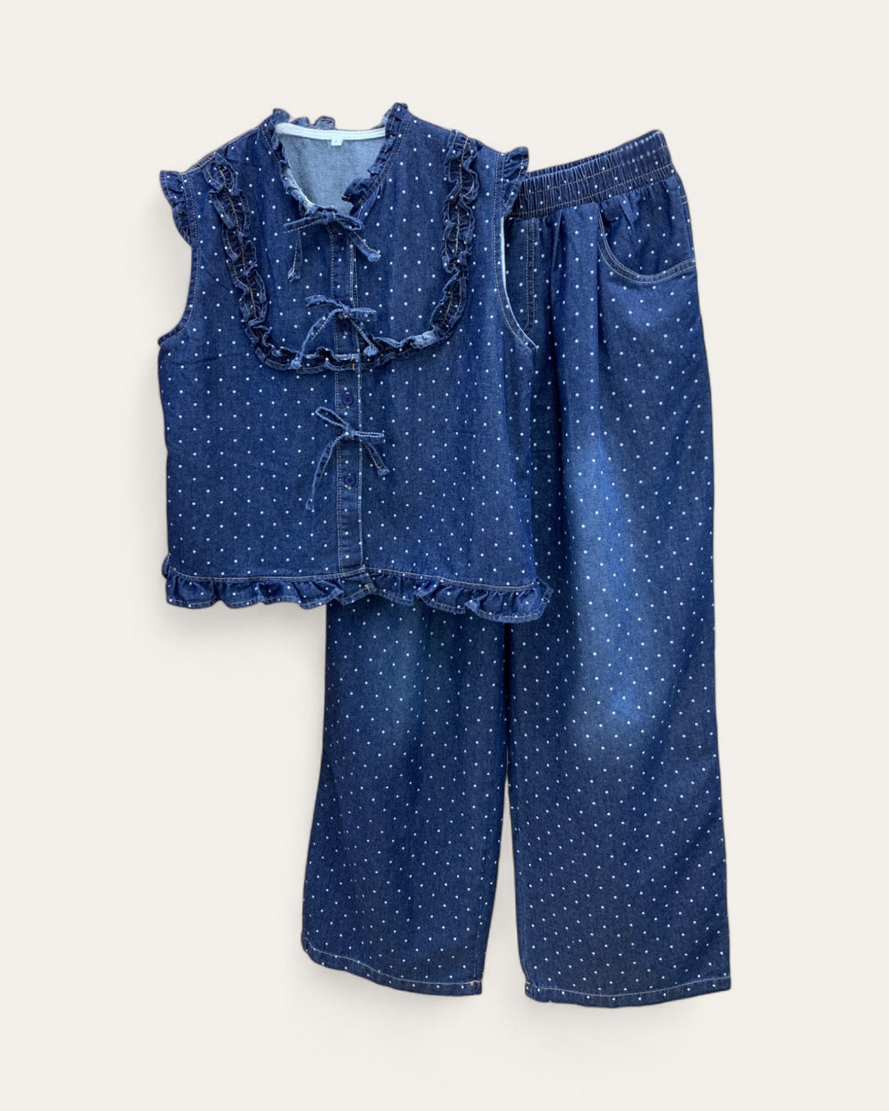 Ruffle Trim Polka Dot Denim Two-Piece Set - Zilvina