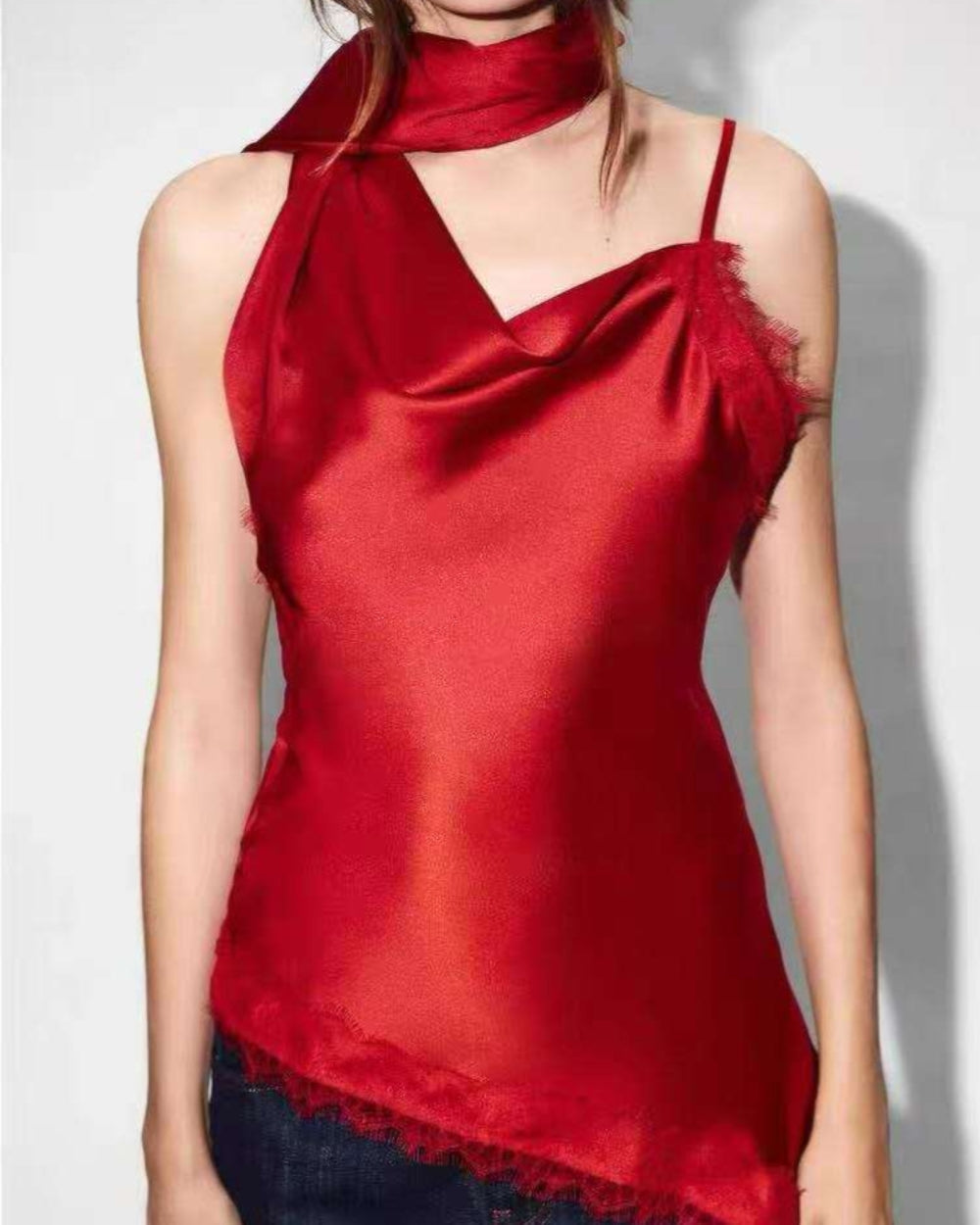 Satin Asymmetric Scarf Top - Zilvina