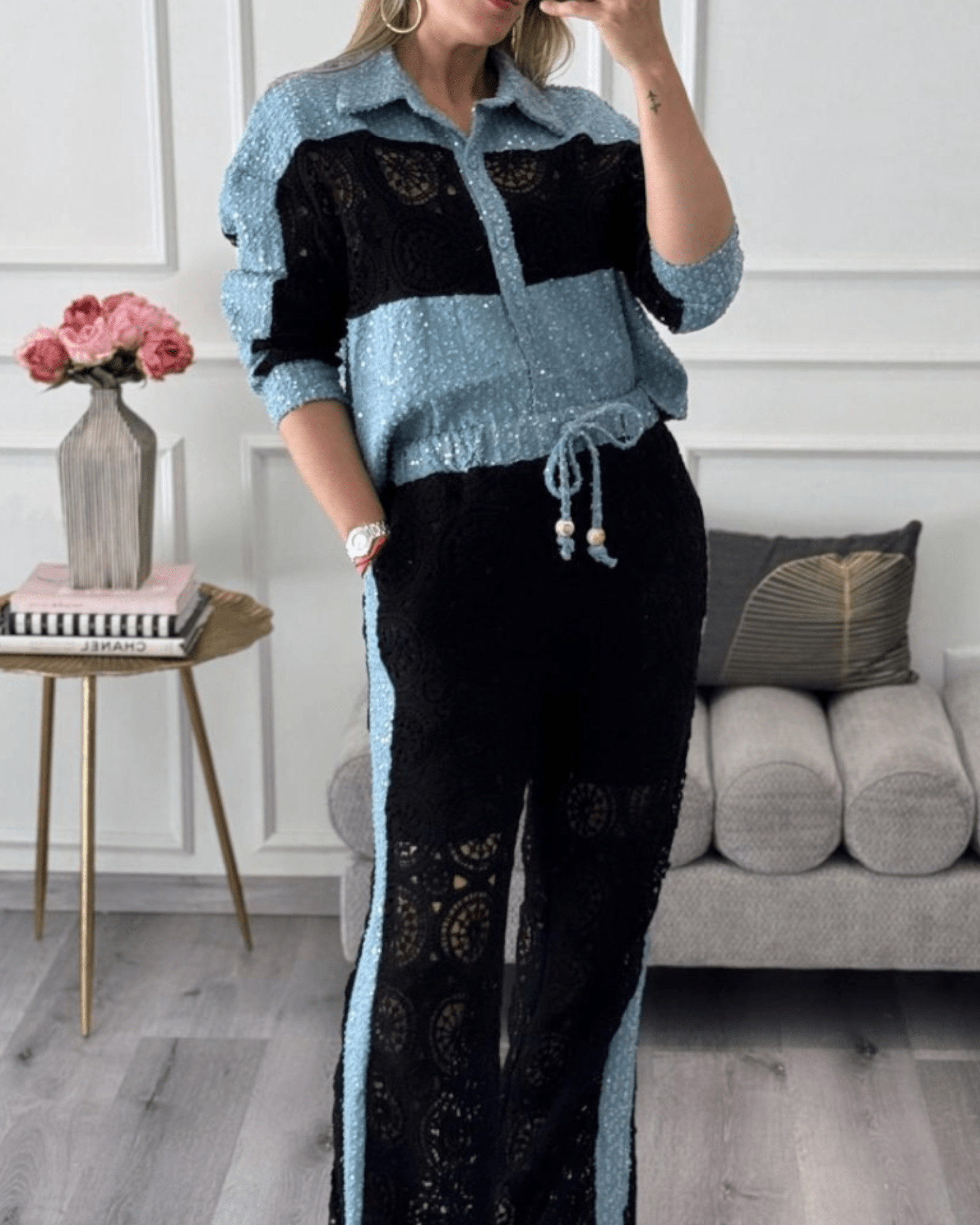 Sequin Denim Patchwork Crochet Se - Zilvina