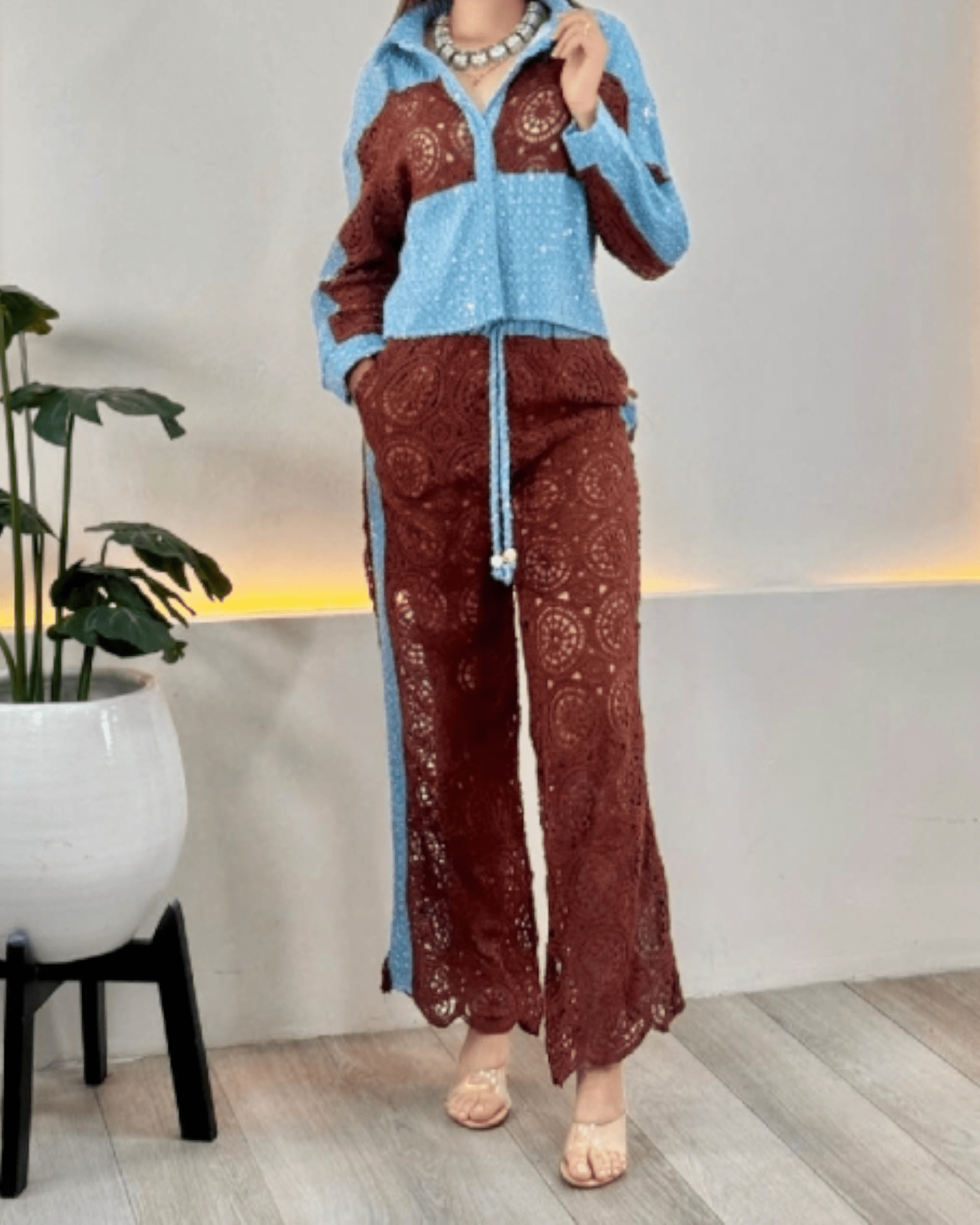 Sequin Denim Patchwork Crochet Se - Zilvina