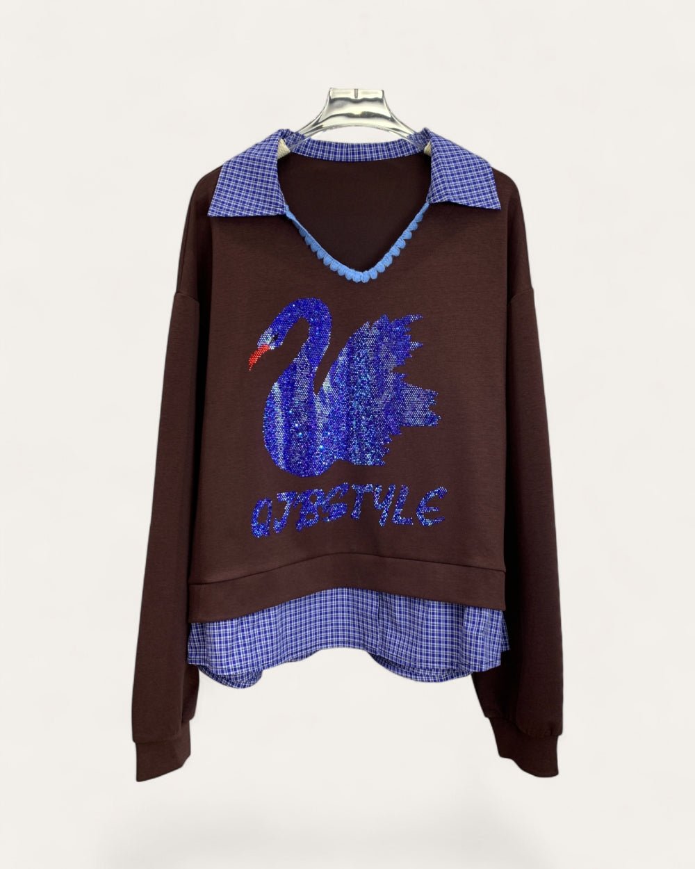 Sequin Swan Layered Shirt Sweatshirt - Zilvina