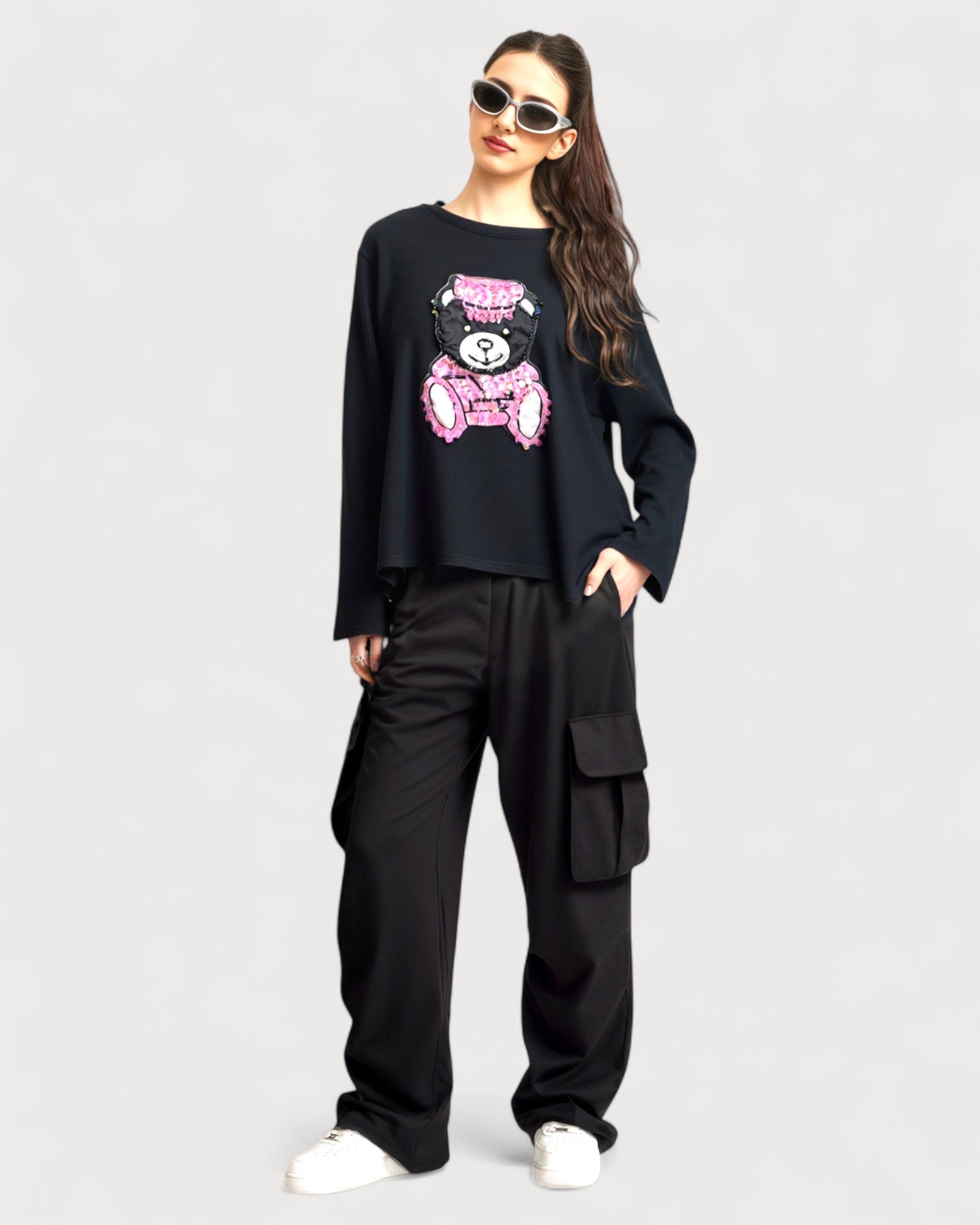 Sequin Teddy Graphic Long Sleeve Tee - Zilvina