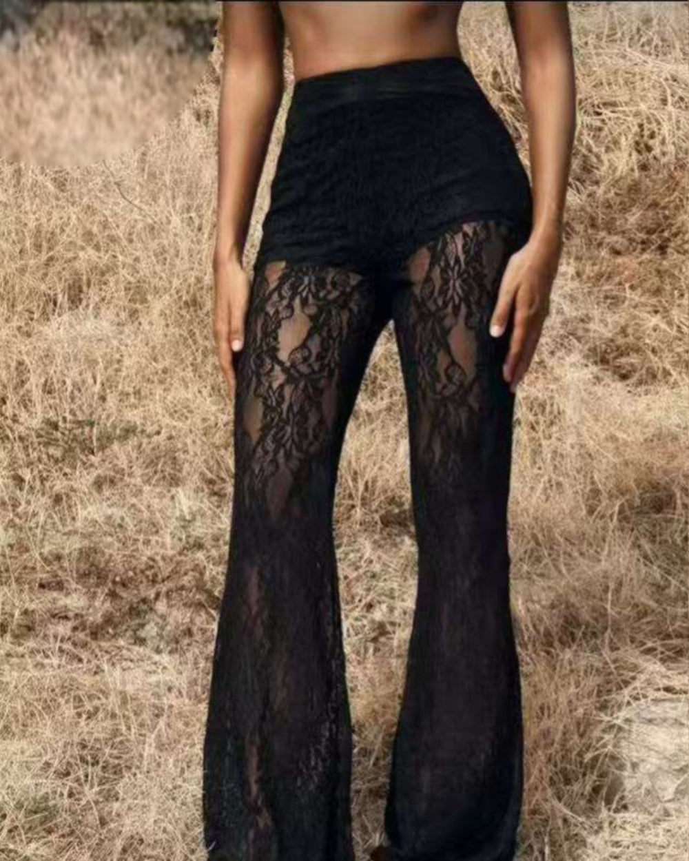 Sheer Lace Flared Pants - Zilvina