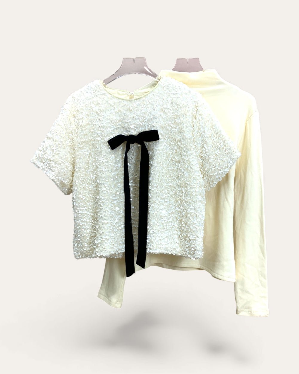 Short Sleeve Sequin Bow Layered Top - Zilvina