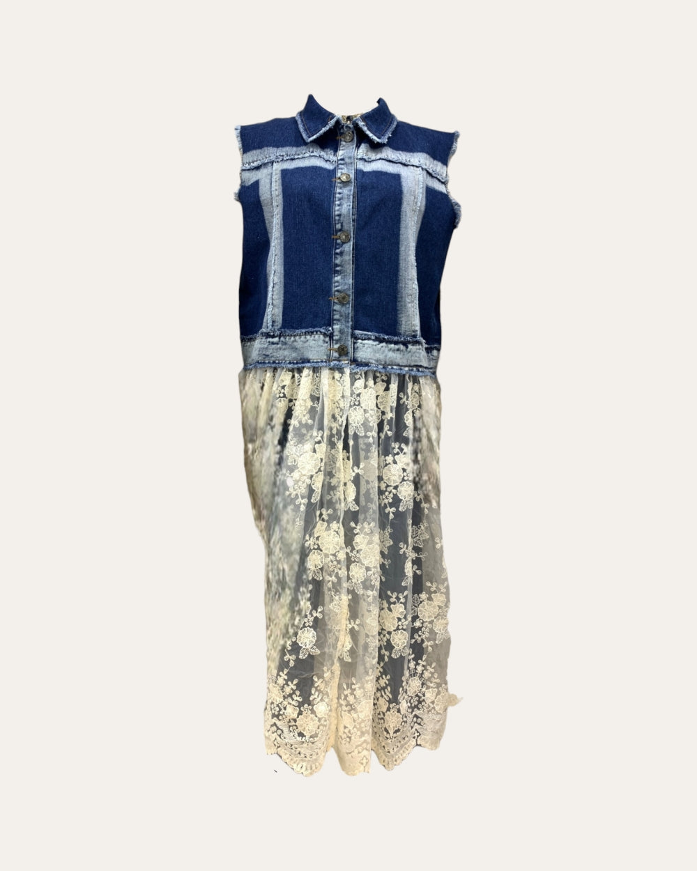 Sleeveless Denim Lace Panel Midi Dress - Zilvina
