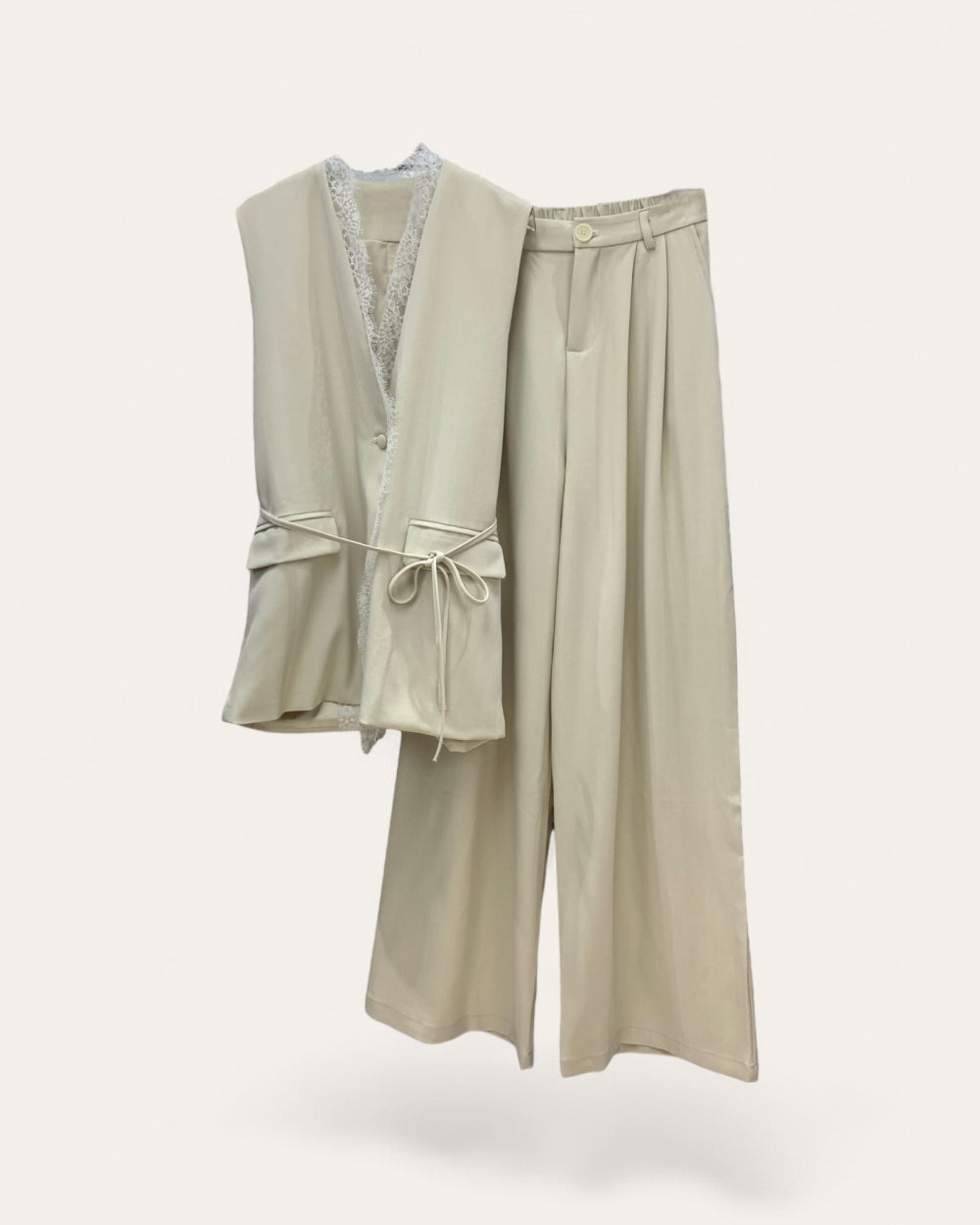 Sleeveless Lace Insert Vest & Pants Set - Zilvina