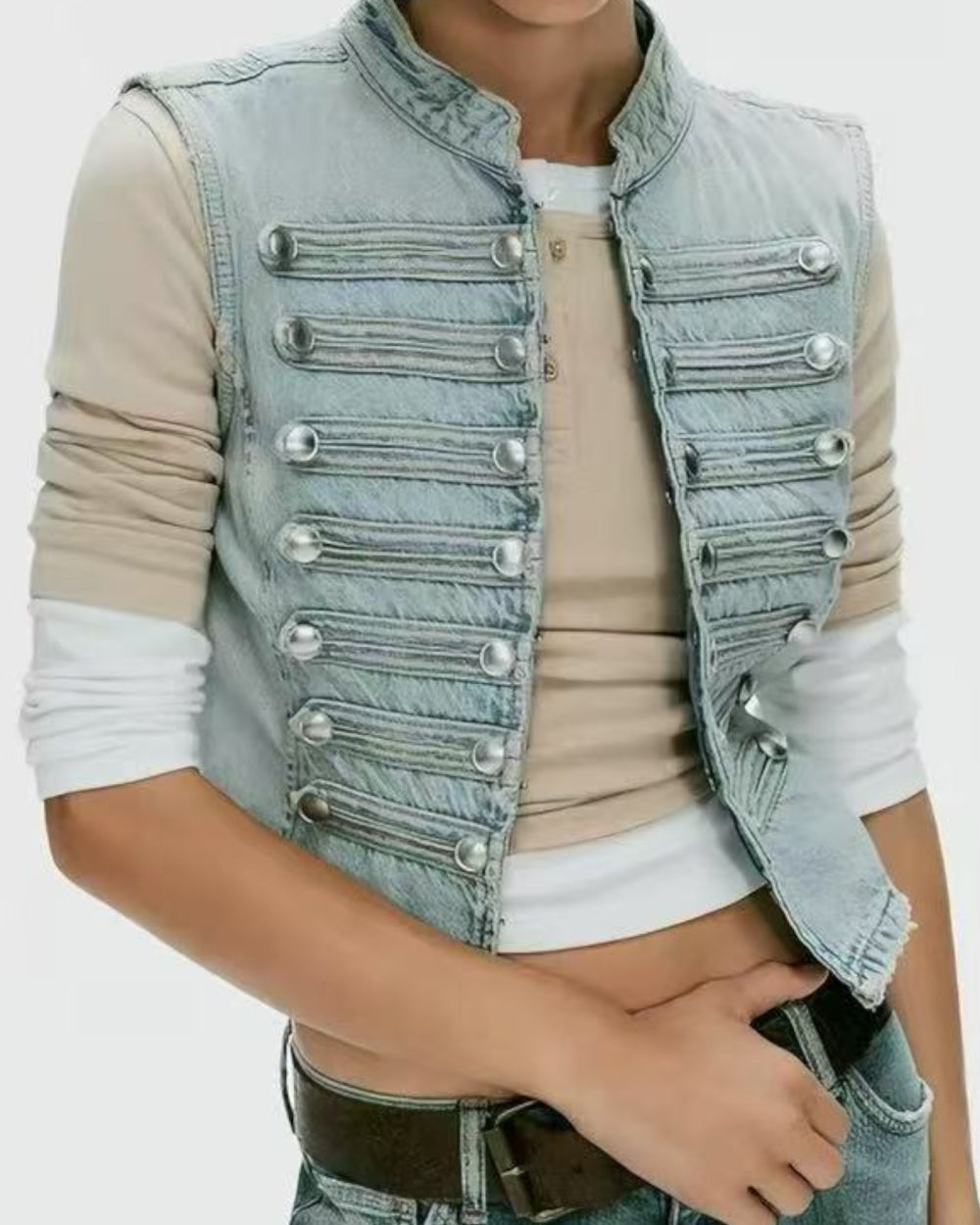 Sleeveless Military Denim Vest - Zilvina