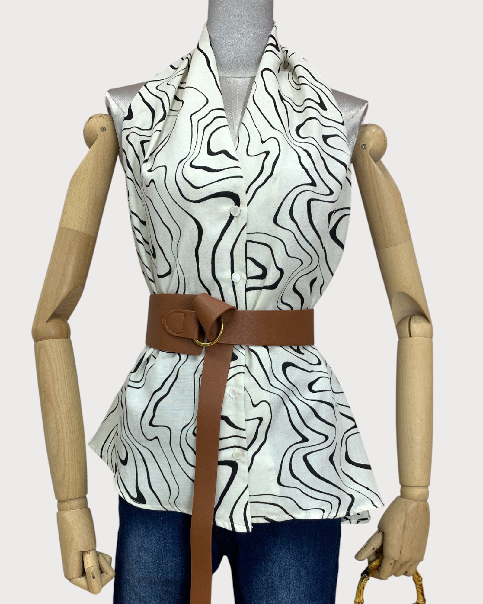Sleeveless Printed Peplum Top with Belt - Zilvina