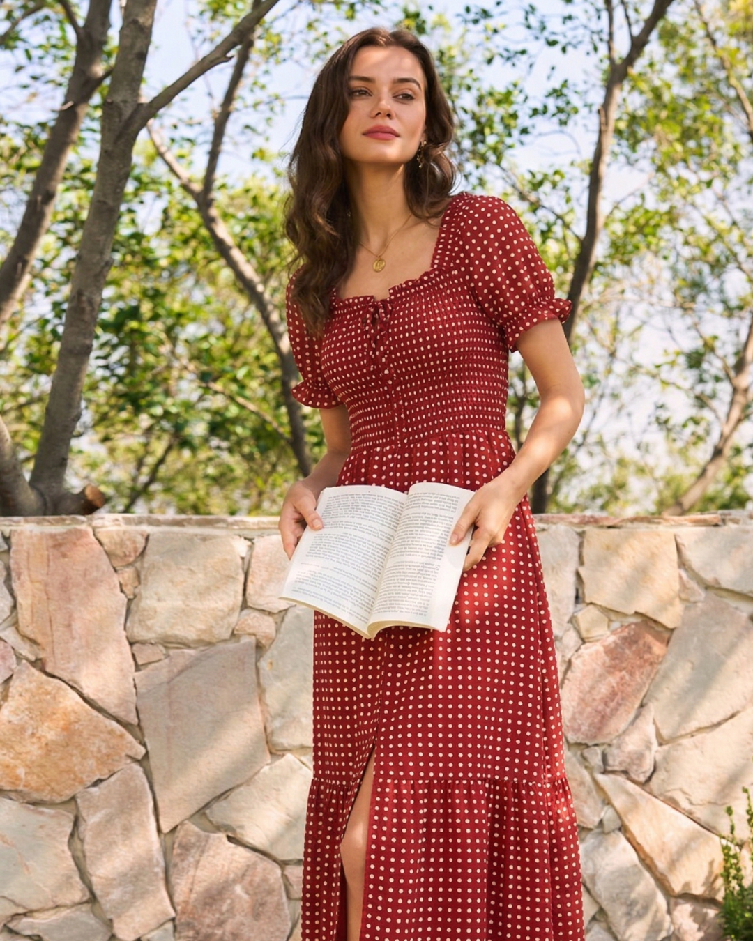 Smocked Polka Dot Midi Dress - Zilvina