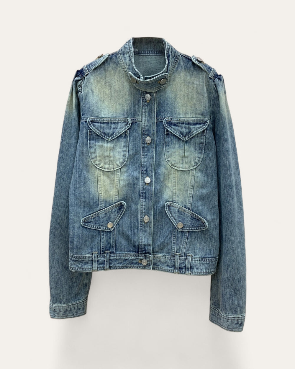 Stand Collar Washed Denim Jacket - Zilvina