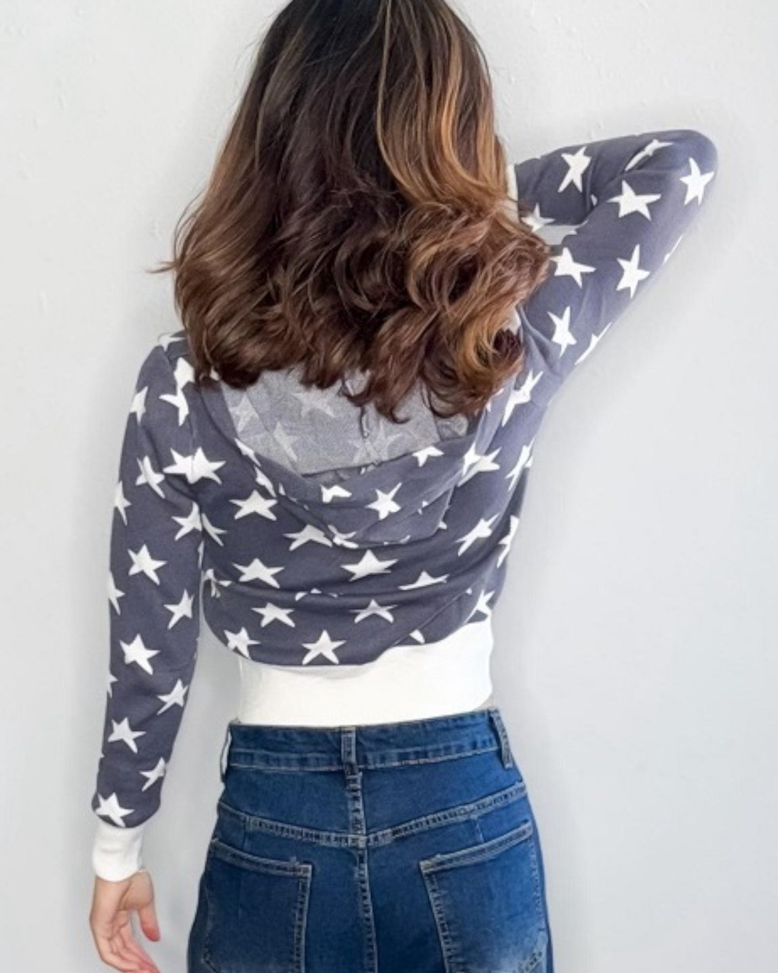 Star Print Zip - Up Hoodie - Zilvina
