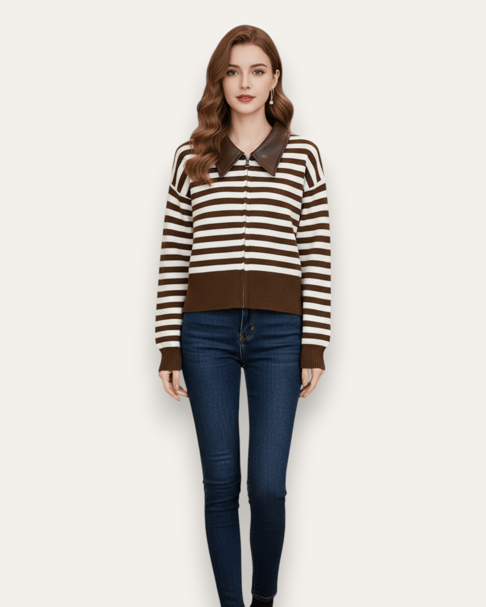 Striped Knit Zip Cardigan with Leather Collar - Zilvina