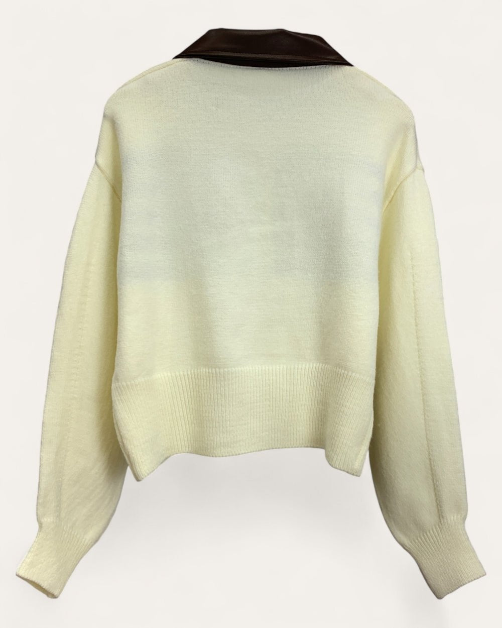 Striped Knit Zip Cardigan with Leather Collar - Zilvina