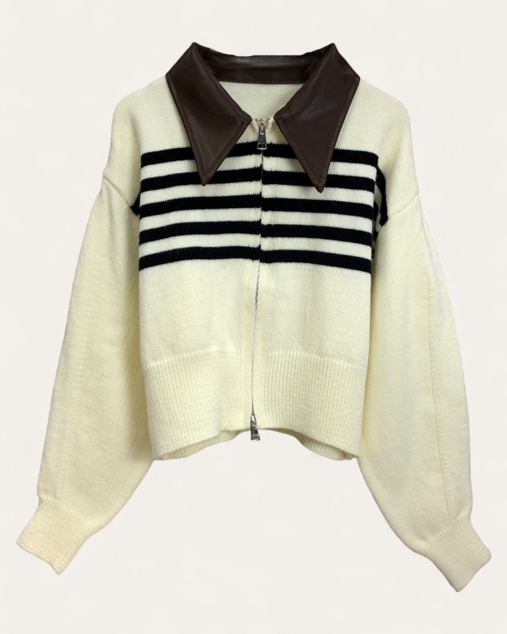 Striped Knit Zip Cardigan with Leather Collar - Zilvina