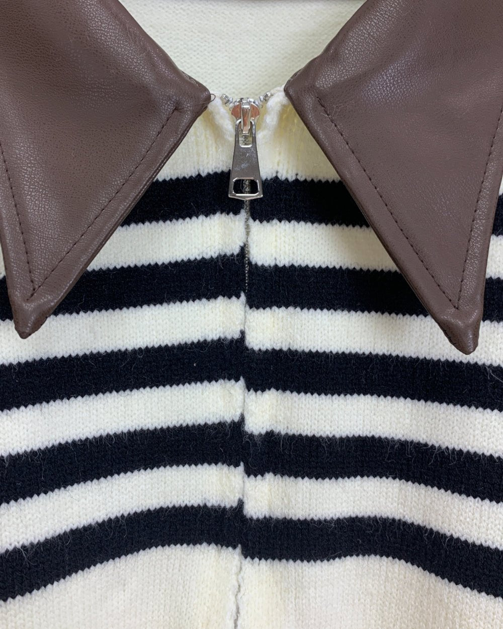 Striped Knit Zip Cardigan with Leather Collar - Zilvina