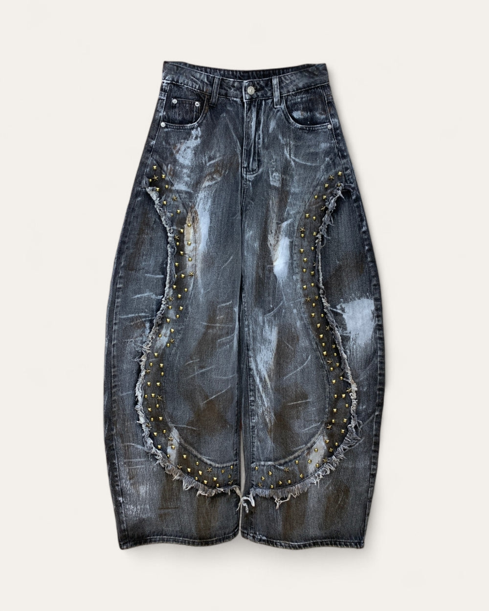 Studded Curved Panel Wide Leg Jeans - Zilvina