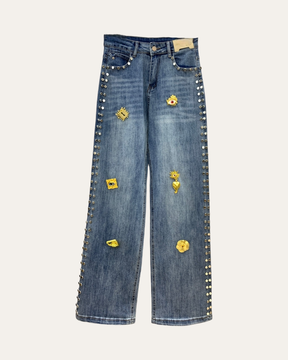 Studded Embellished Straight Denim Jeans - Zilvina