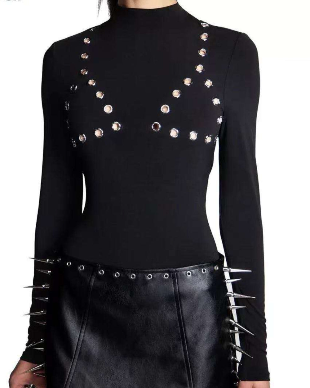 Studded High Neck Long Sleeve Top - Zilvina