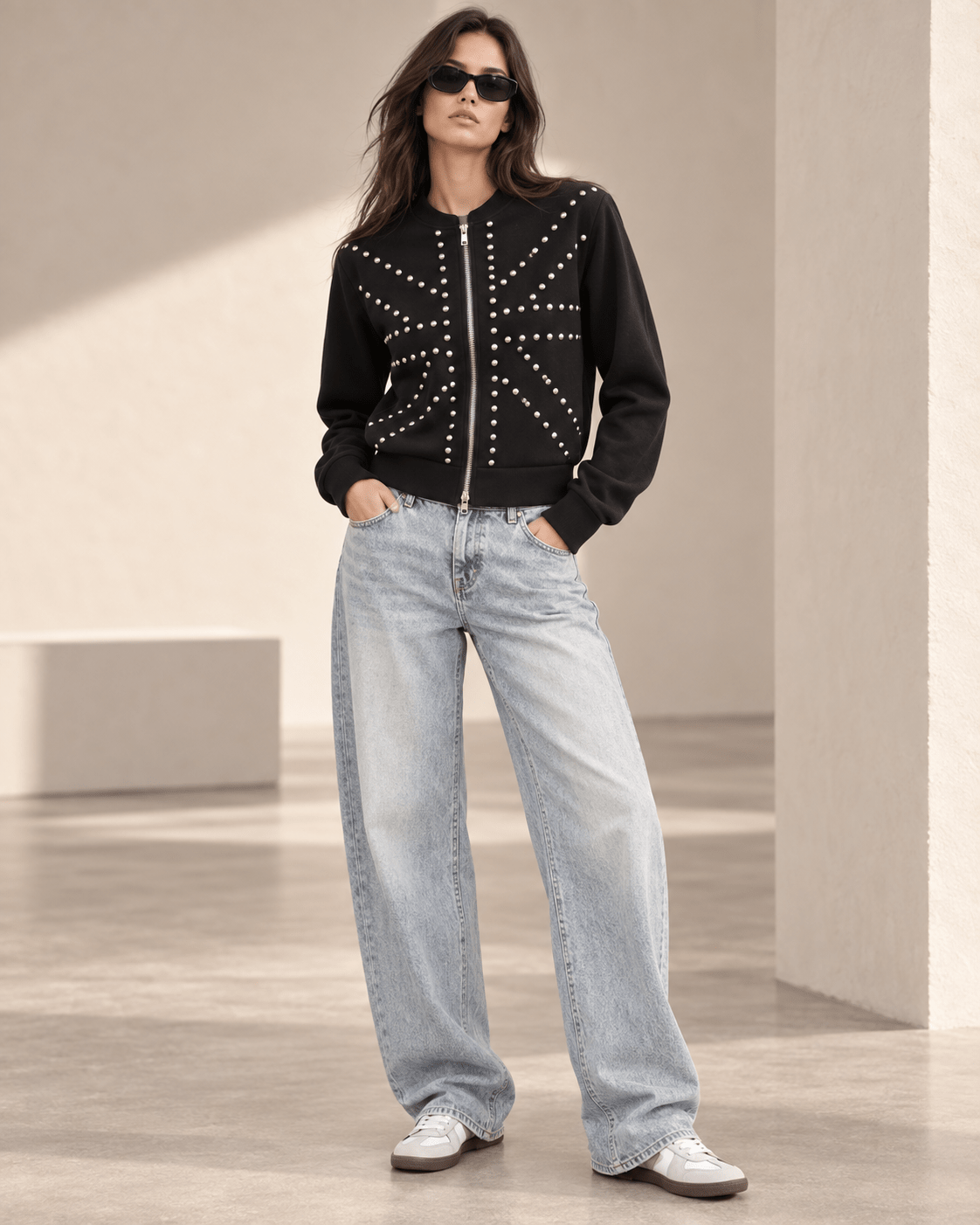 Studded Zip-Up Hoodie - Zilvina