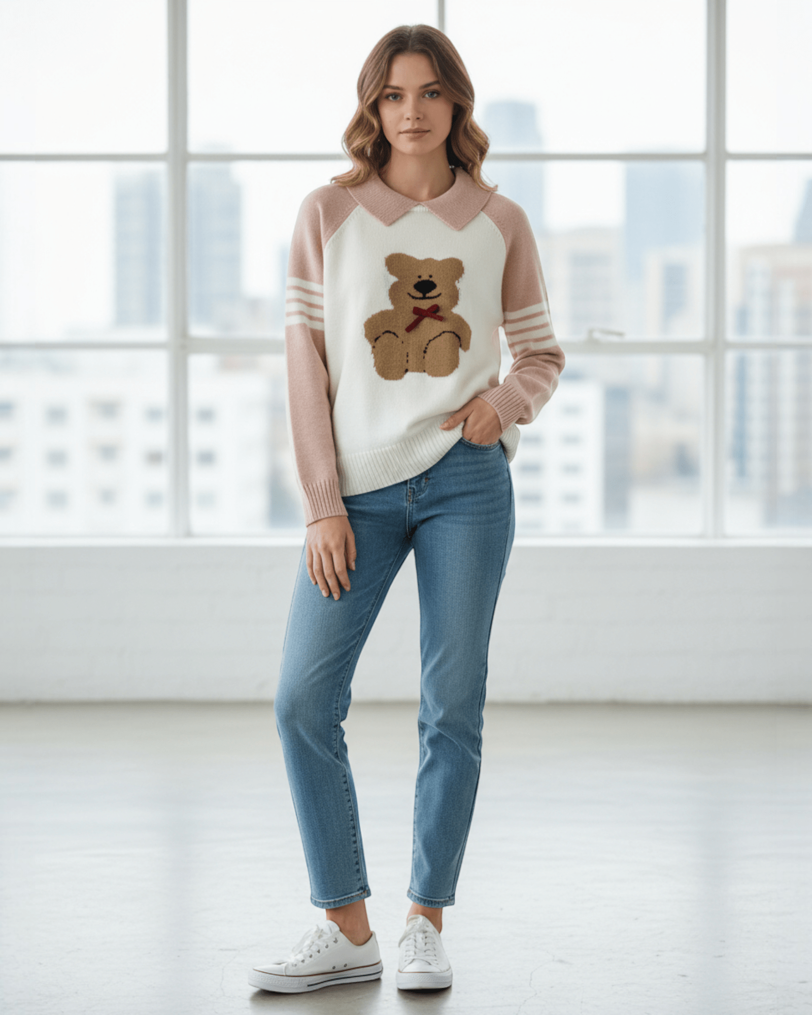Teddy Bear Knit Sweater with Collar - Zilvina