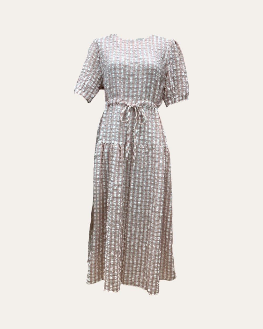 Textured Gingham Tie - Waist Midi Dress - Zilvina