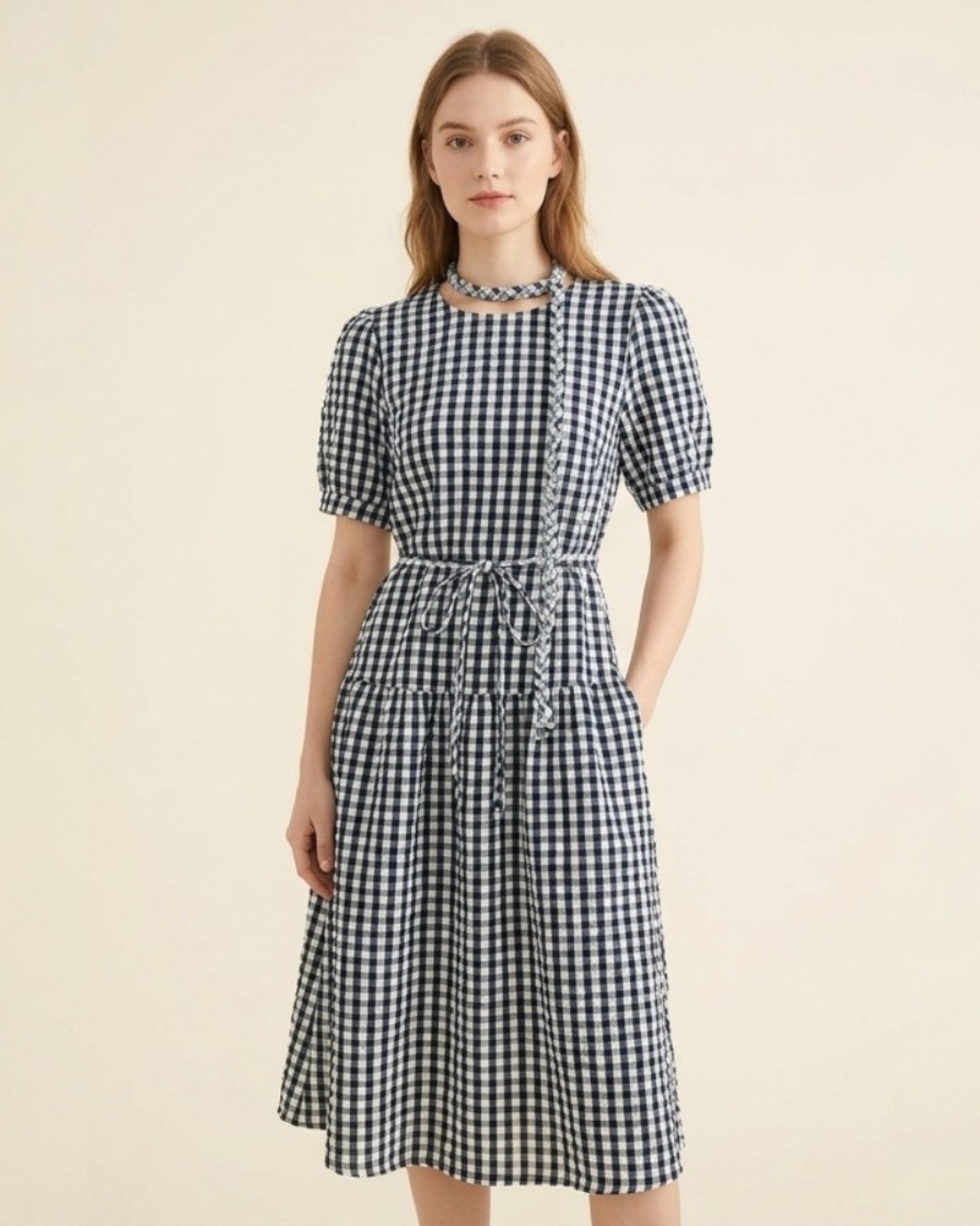 Textured Gingham Tie - Waist Midi Dress - Zilvina