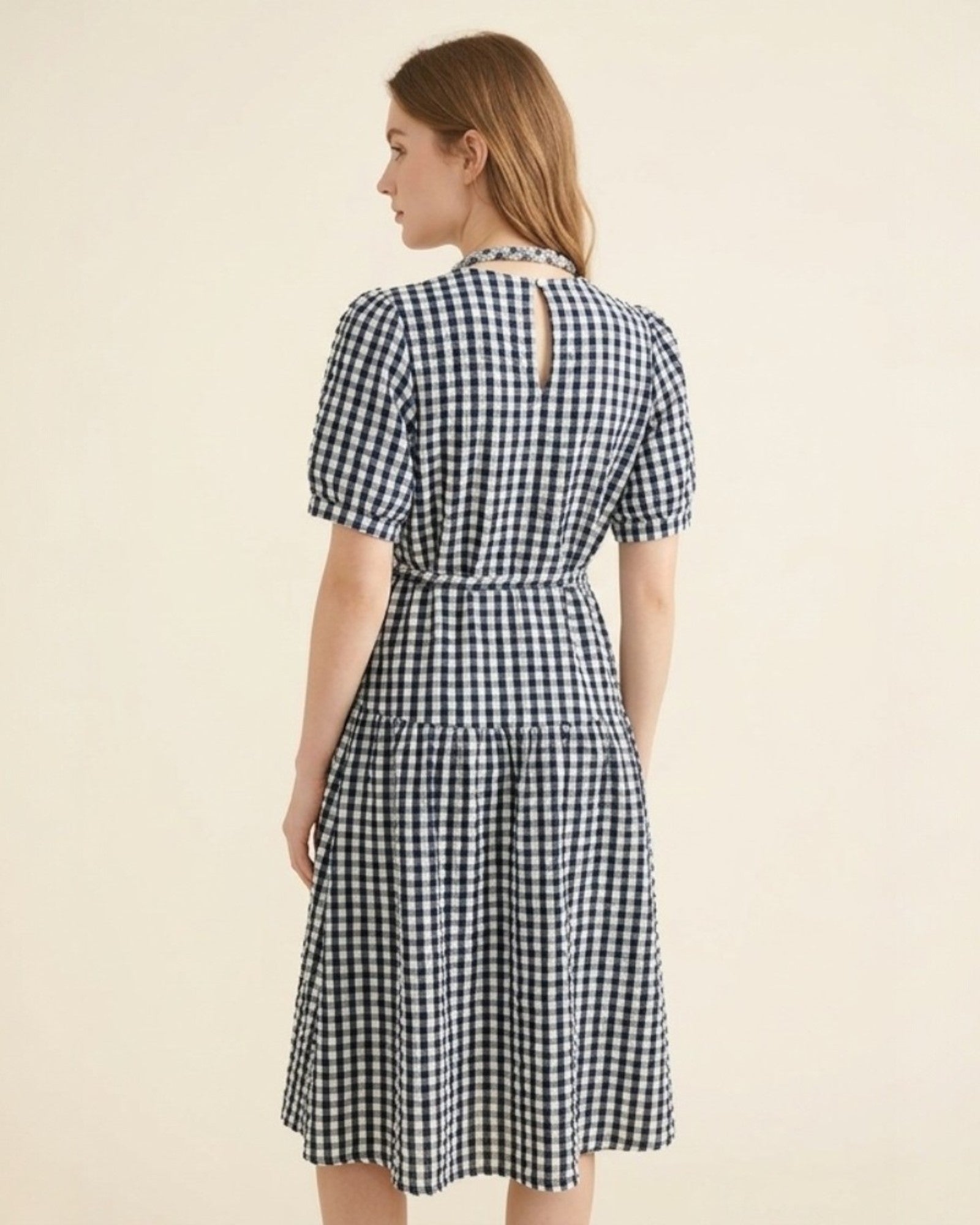 Textured Gingham Tie - Waist Midi Dress - Zilvina