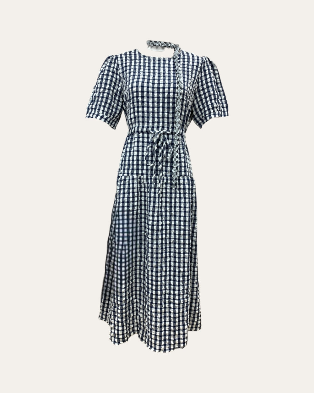 Textured Gingham Tie - Waist Midi Dress - Zilvina