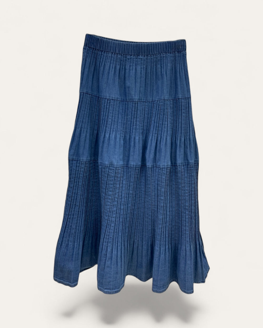 Tiered Pleated Denim Midi Skirt - Zilvina